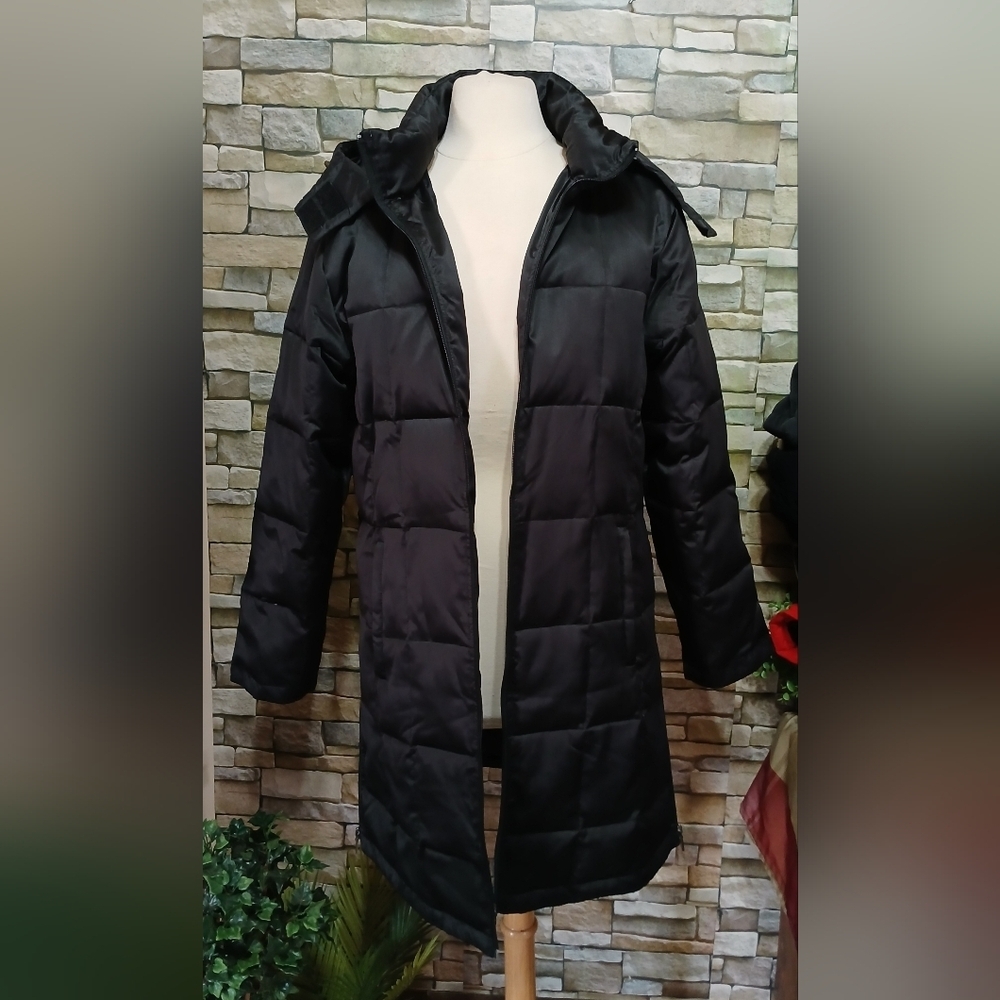 Chic Womens Large Black Quilted Down Filled Trench Jacket Puffer Hooded